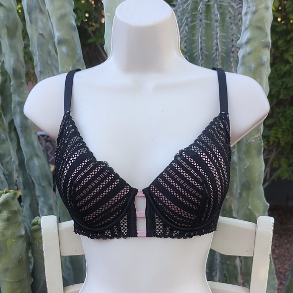 Victoria's Secret Black Pink Mesh Cage Front Lined Plunge Bra 34D